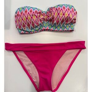 Victoria's‎ Secret Bikini Set Bandeau Ikat Gold Foil Pink Swimsuit Large L/G